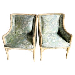Vintage Regency Faux Bamboo and Green Paisley Fabric Arm Chairs With 4 Pillow - a Pair
