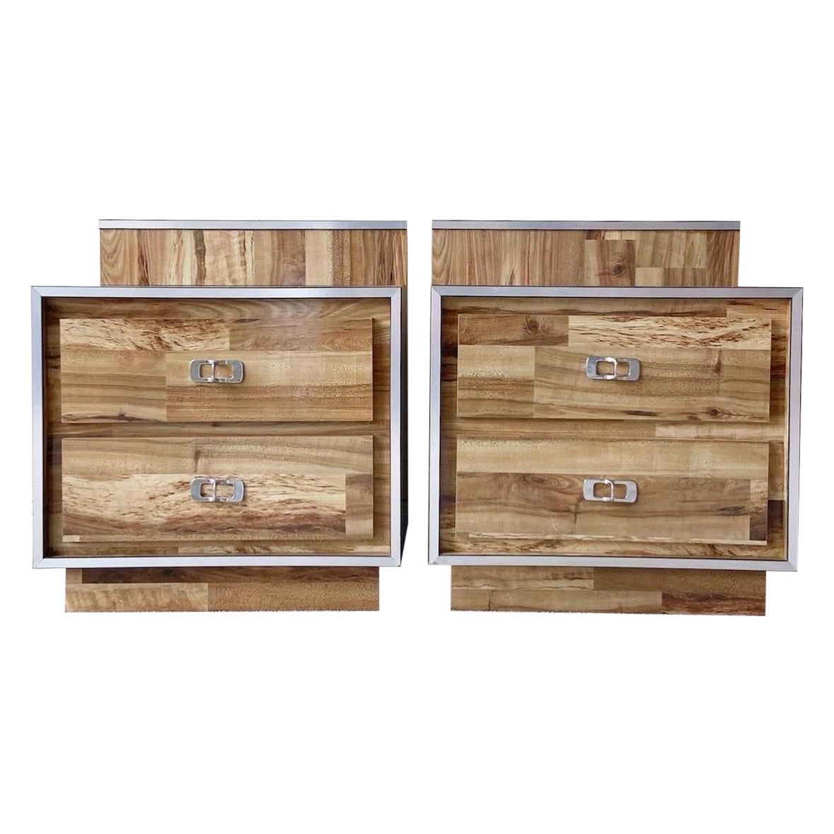 Postmodern Wood Grain Laminate Nightstands With Silver Accents - a Pair