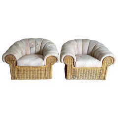 Vintage Boho Chic Clam Shell Wicker Lounge Chairs With Ottoman - 3 Pieces