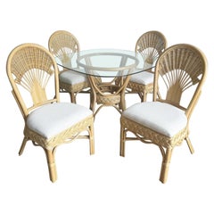 Vintage Boho Chic Bamboo Rattan Wicker Dining Set - 5 Pieces