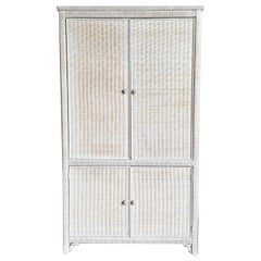Retro Boho Chic White Washed Henry Link Wicker Armoire by Lexington