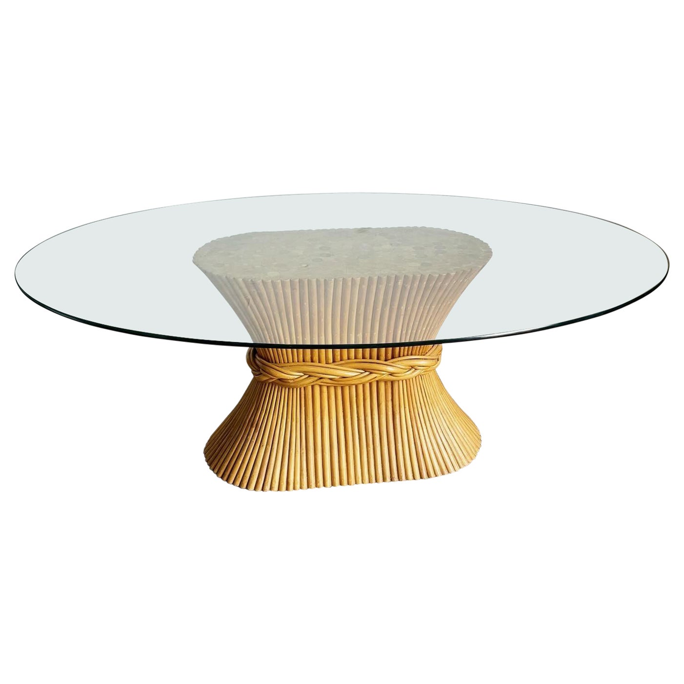 Boho Chic McGuire Style ‚ÄúSheaf of Wheat‚Äù Rattan Oval Glass Top Dining Table For Sale