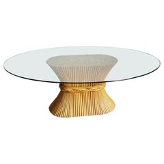 Retro Boho Chic McGuire Style ‚ÄúSheaf of Wheat‚Äù Rattan Oval Glass Top Dining Table