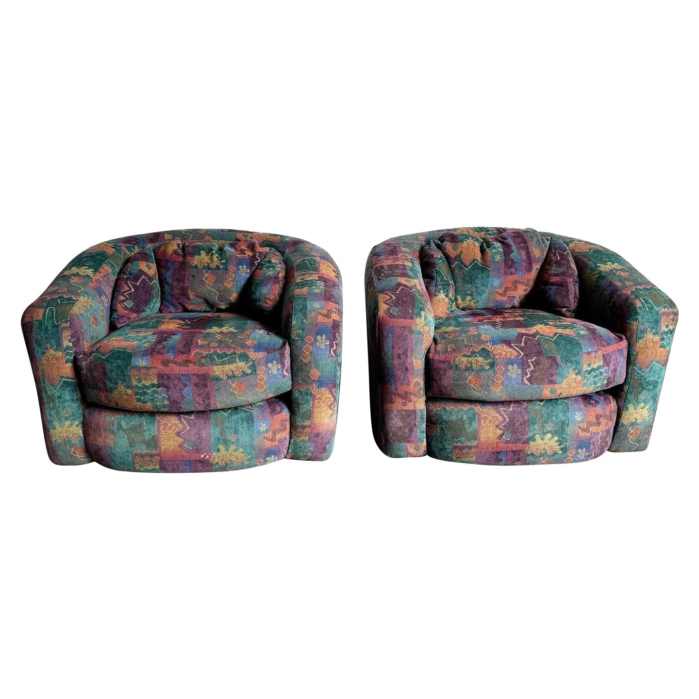 Postmodern Multicolor Patterned Barrell Swivel Chairs - a Pair For Sale