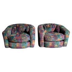 Postmodern Multicolor Patterned Barrell Swivel Chairs - a Pair