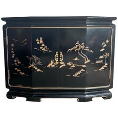 Antique Taiwanese Black Lacquered and Gold Hand Painted Credenza/Sideboard