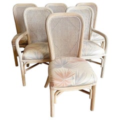 Boho Chic White Washed Pencil Reed and Cane Dining Chairs - Set of 6