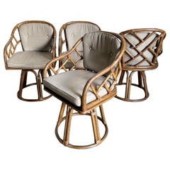 Vintage Boho Chic Chipendale Style Bamboo Rattan Swivel Arm Dining Chairs - Set of 4