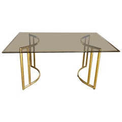 Vintage Art Deco Gold and Smoked Glass Top Rectangular Dining Table
