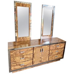 Retro Mid Century Modern Burl Wood Laminate Cane and Chrome Dresser With Mirrors