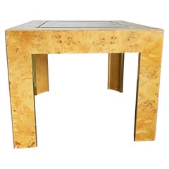 Vintage Mid Century Burl Wood Veneer Smoked Glass and Gold Side Table by Thomasville