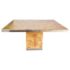 Vintage Postmodern Burl Wood Laminate and Chrome Extendable Dining Table