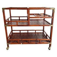 Chinoiserie Rose Finish Rattan and Brass Bar/Tea Cart