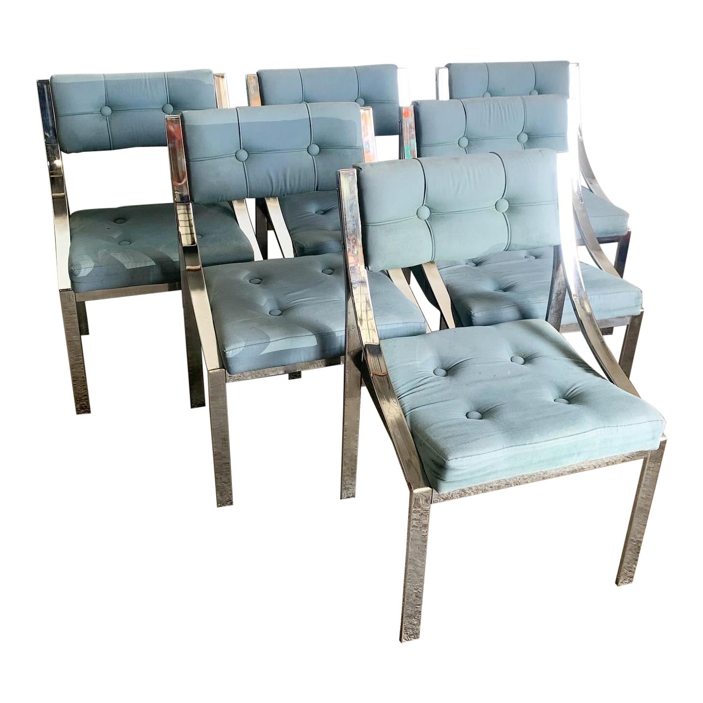 Postmodern Chrome and Tufted Blue Dining Chairs - Set of 6