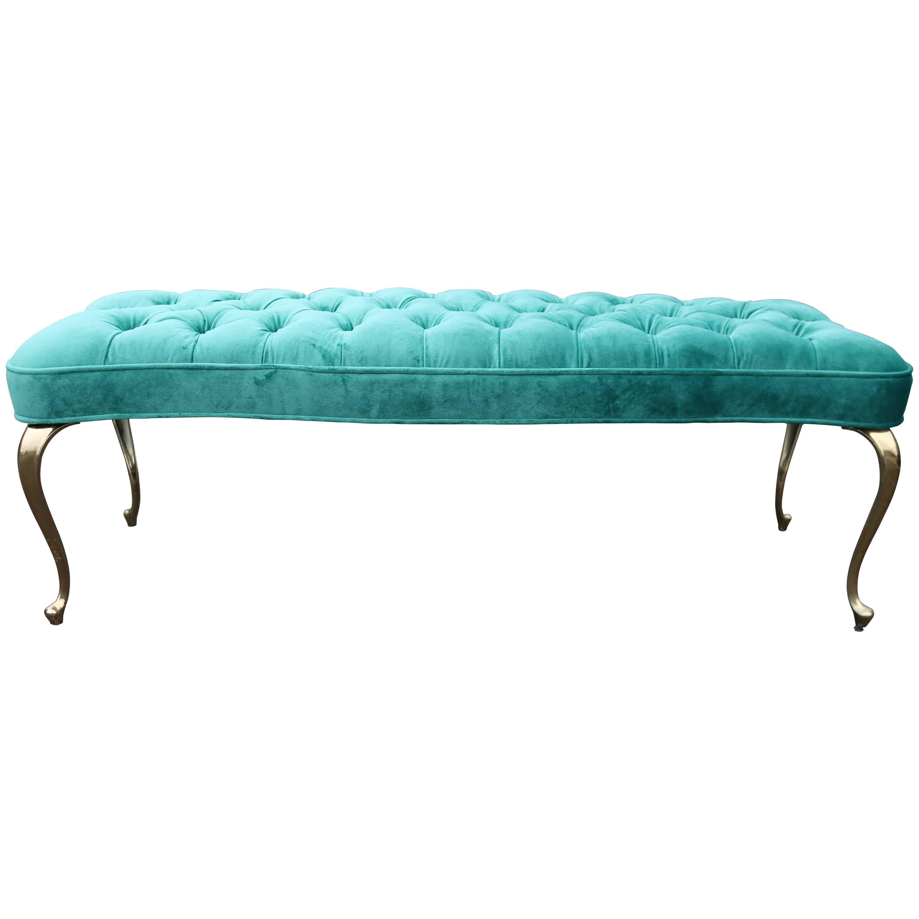 Tufted Aqua Velvet Ottoman Bench with Curved Brass Legs