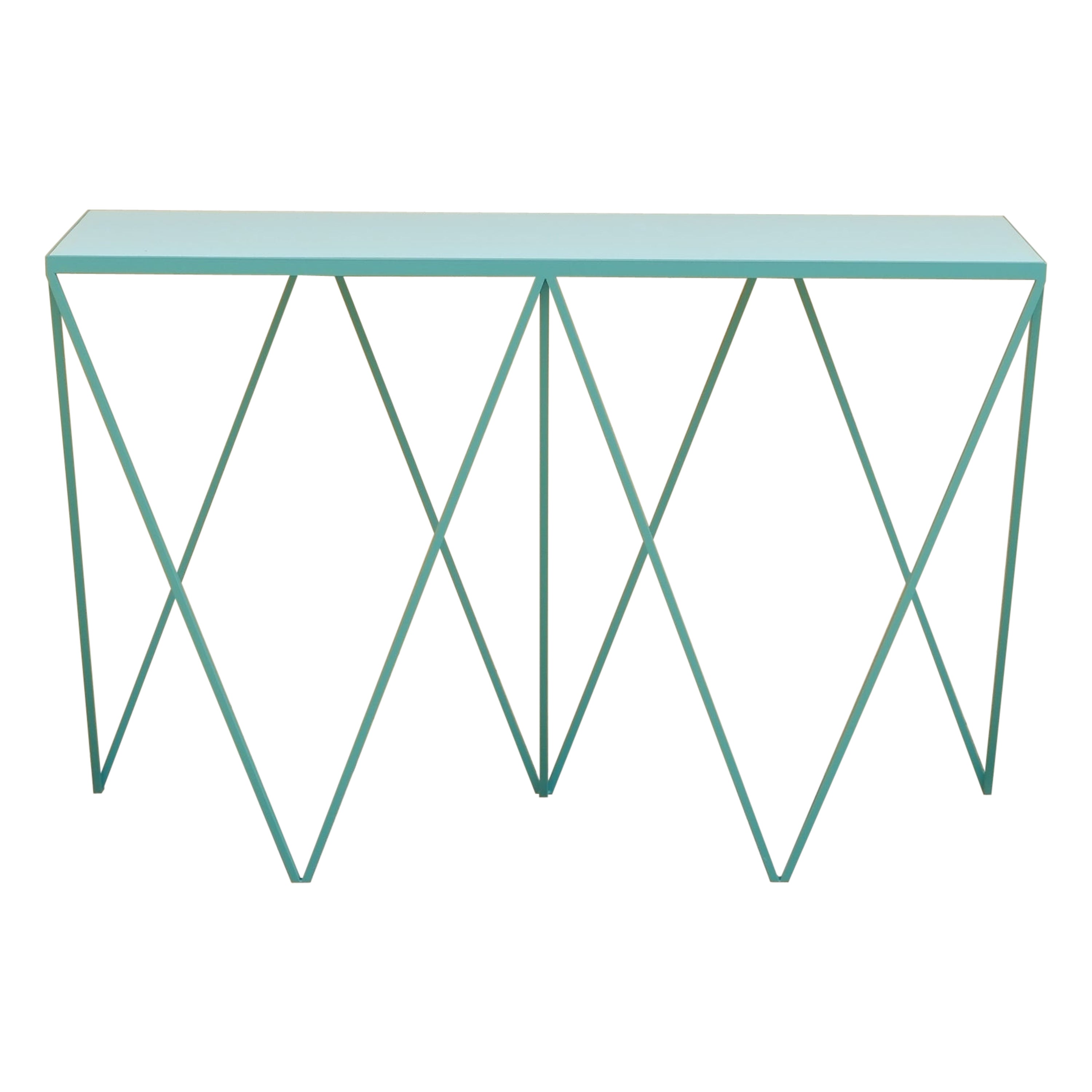 Soft Turquoise Giraffe Console Table with Linseed Linoleum Table Top For Sale