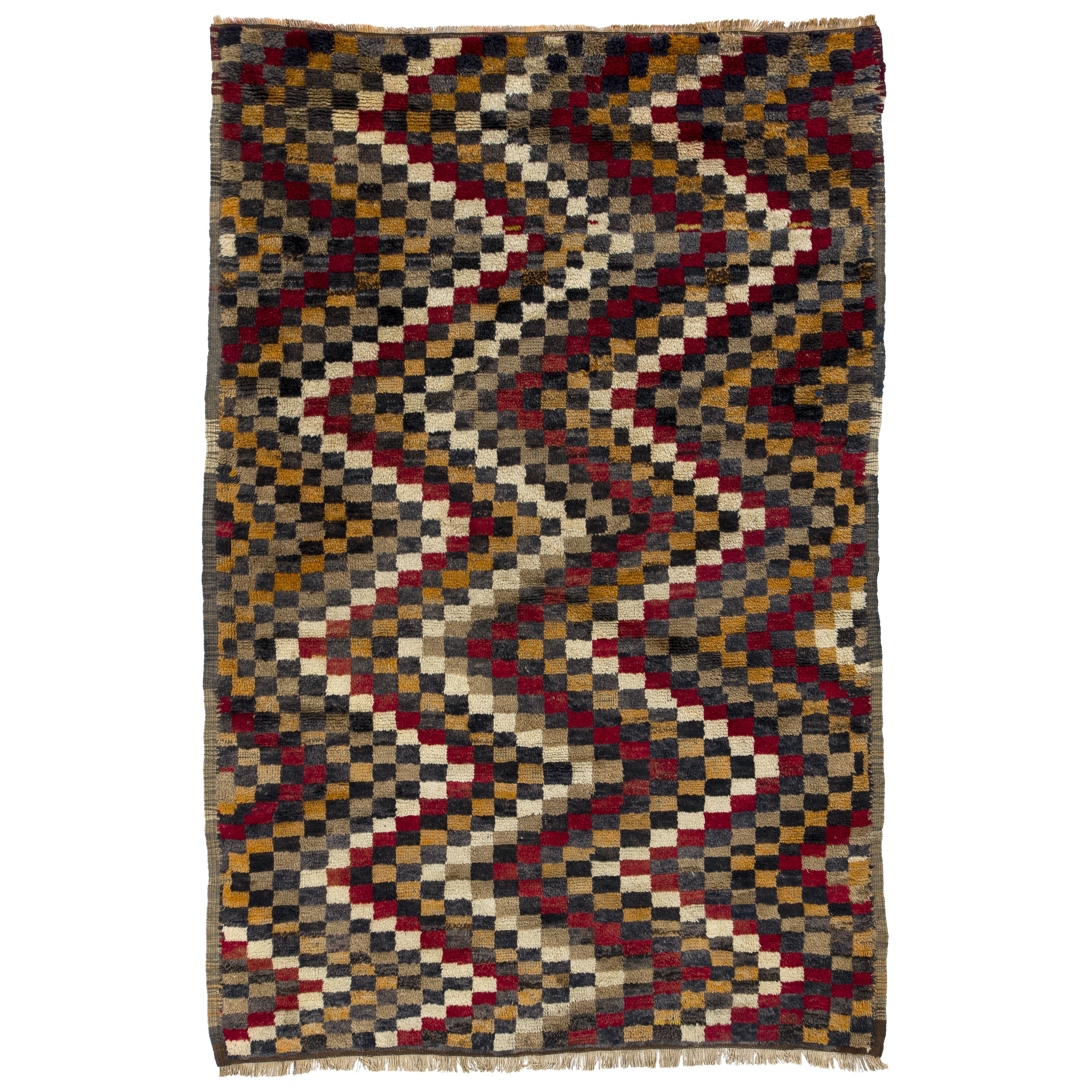 5x7.3 Ft Vintage Handmade Tulu Rug with Checkered Zig Zag Design, 100% Wool For Sale