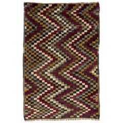 5x7.3 Ft Vintage Handmade Tulu Rug with Checkered Zig Zag Design, 100% Wool