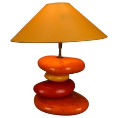 French Yellow and Orange Glazed Ceramic Table Lamp by François Châtain