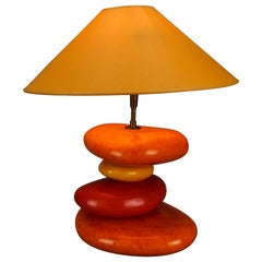 Französische Keramik-Tischlampe von François Châtain, gelb und orange glasiert