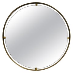Specchio da parete in ottone e legno, grande e rotondo, design italiano, anni '60