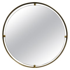 Mid -Century Wall Mirror Brass Wood Large Round Italian Design, 1960s