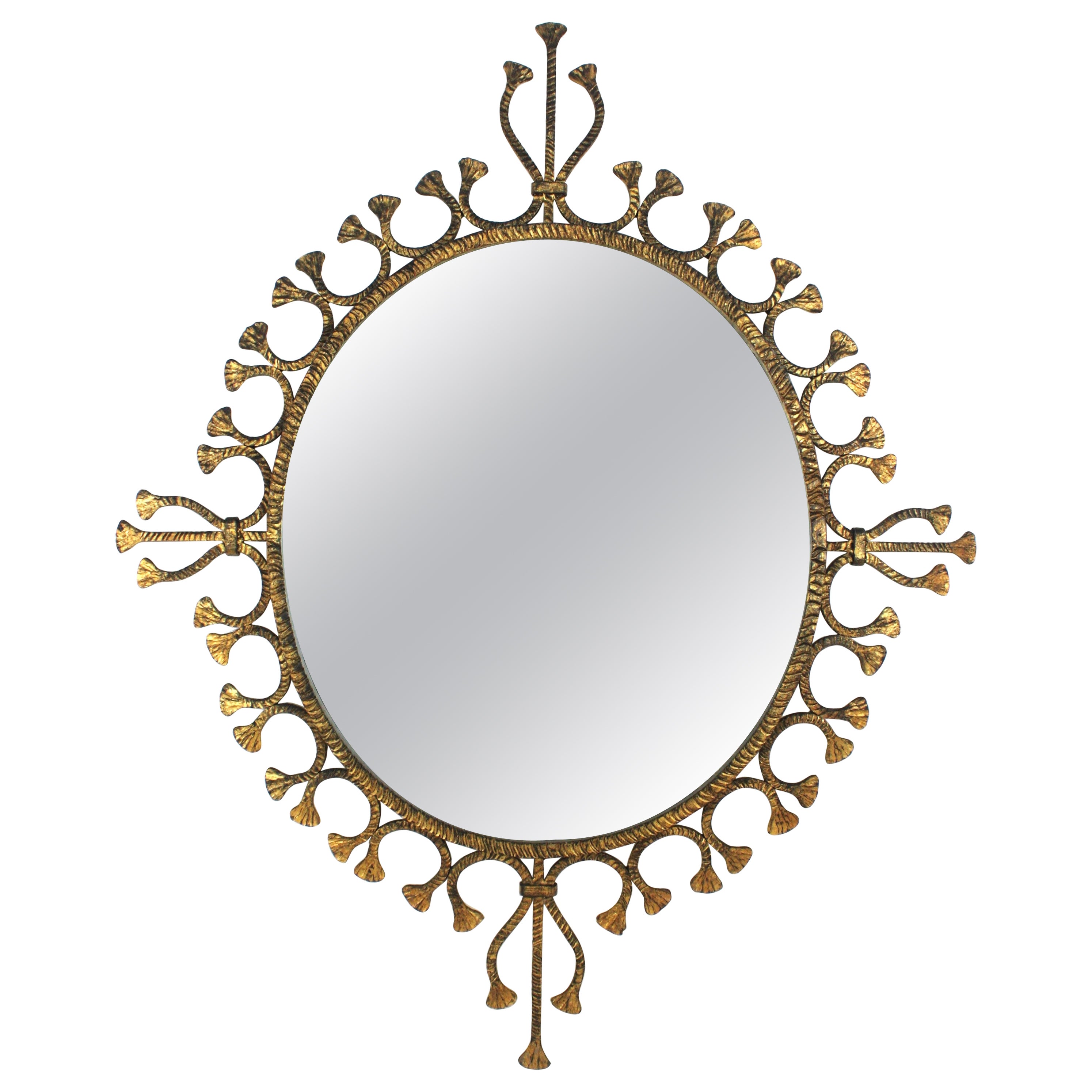 Spanish Hollywood Regency Gilt Wrought Iron Oval Sunburst Mirror / Wall Mirror For Sale