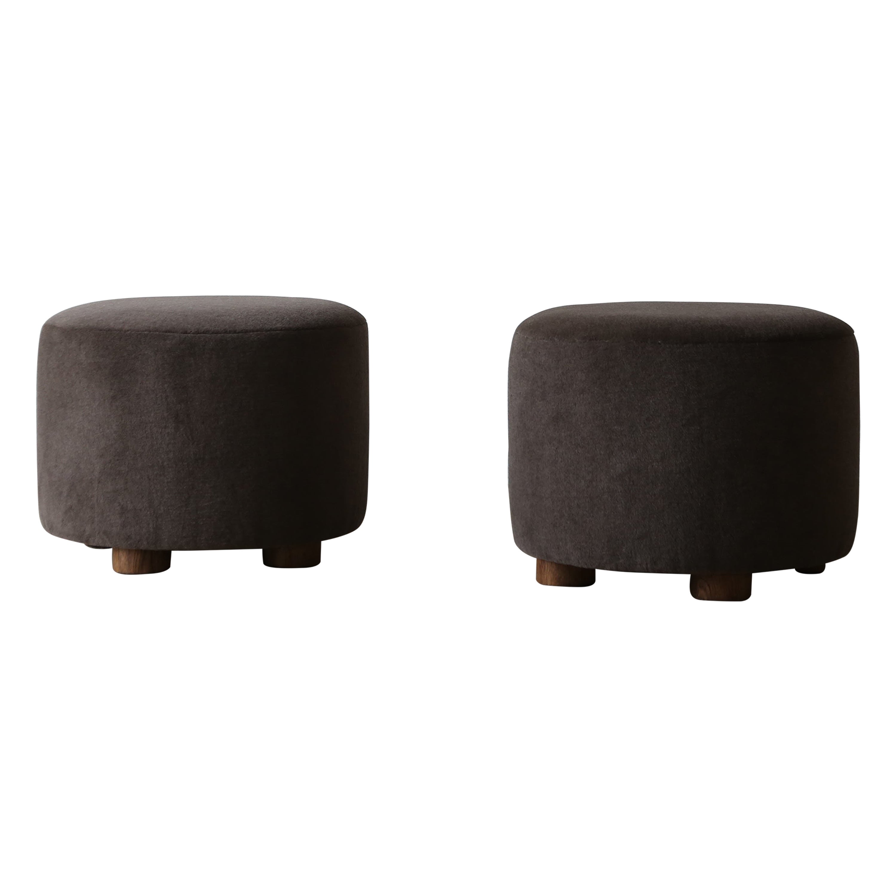 Pair of Low Round Ottomans / Footstools in Pure Dark Brown Alpaca For Sale