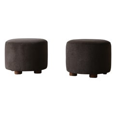 Pair of Low Round Ottomans / Footstools in Pure Dark Brown Alpaca