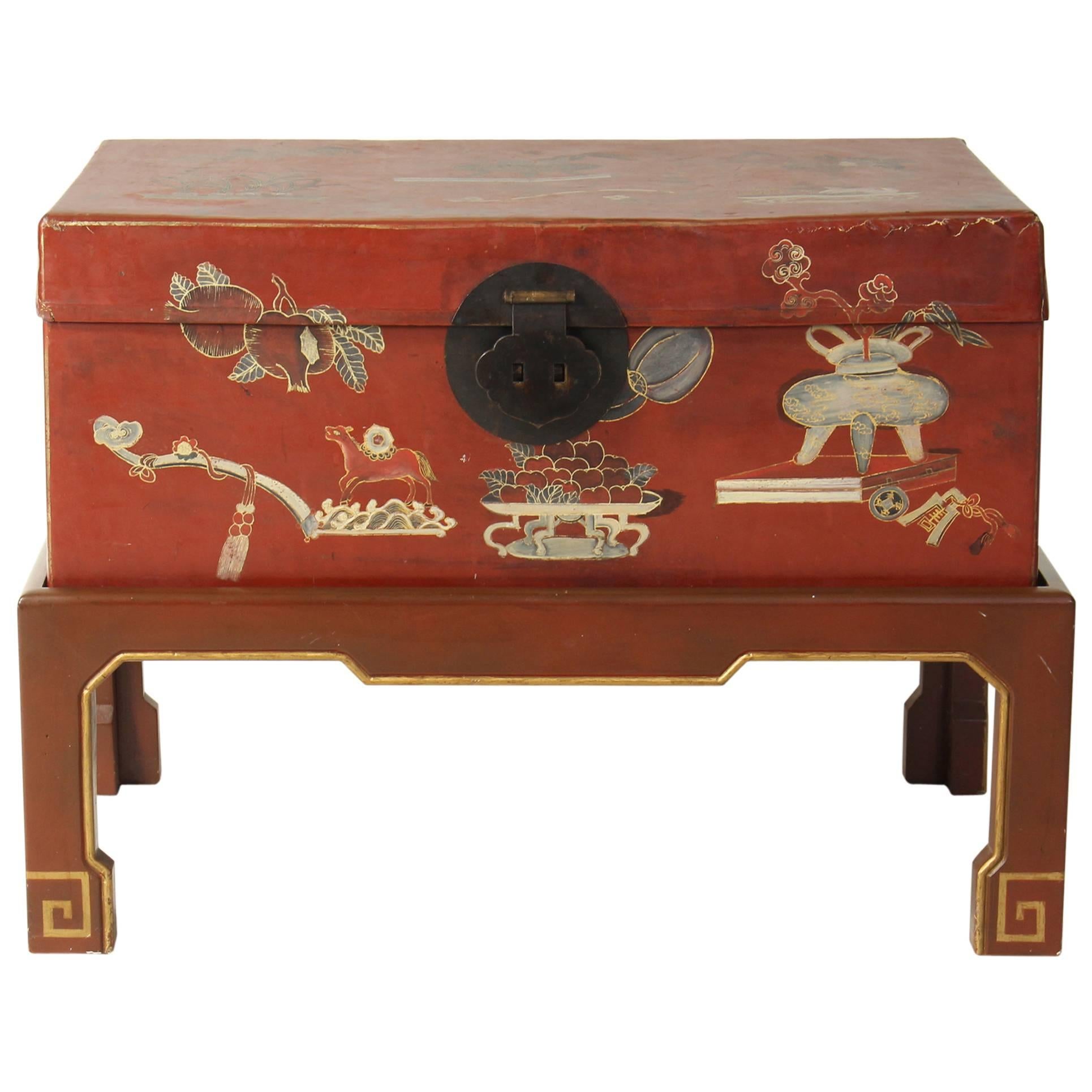 Hand-Painted Chinese Trunk on Stand