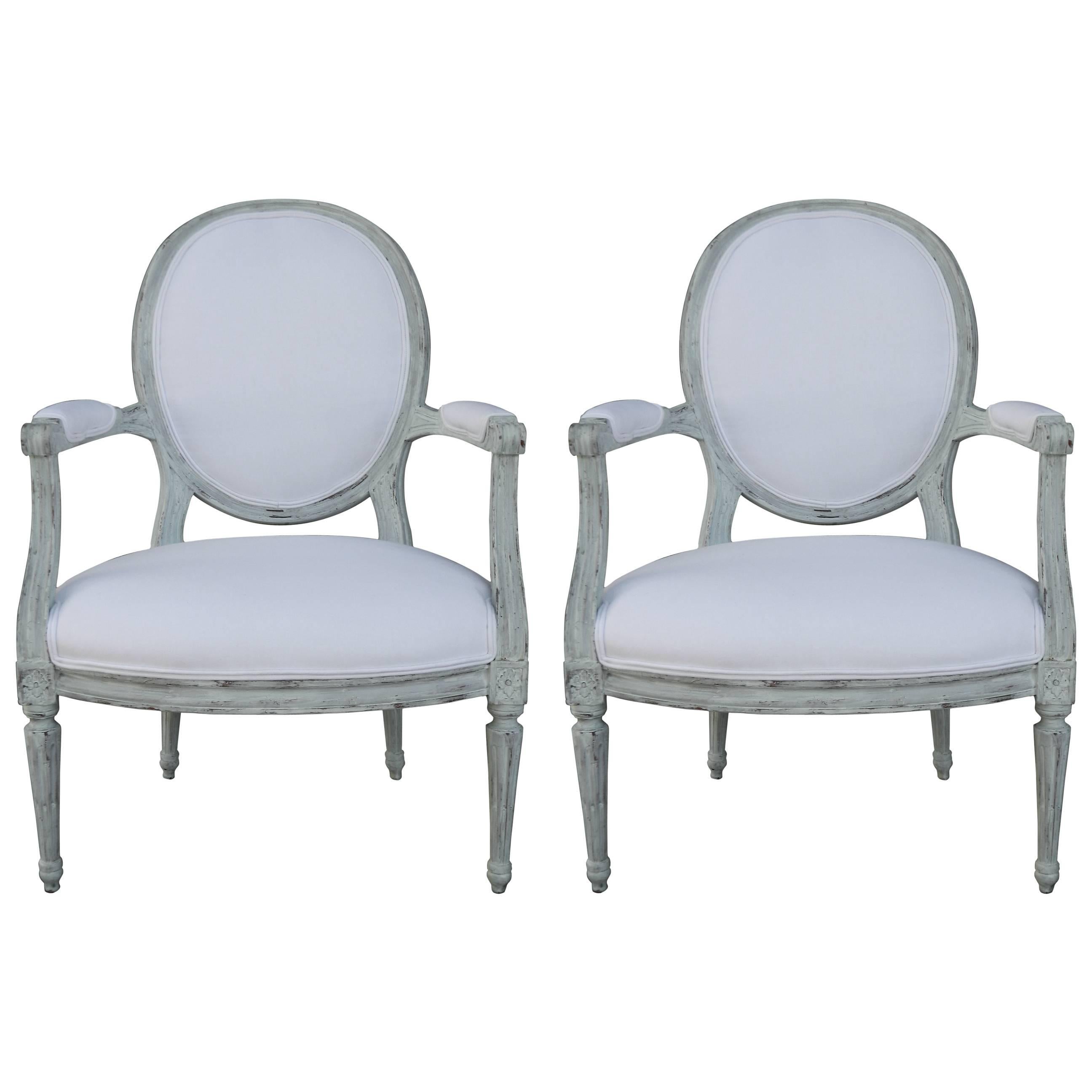 Pair of Louis XVI Style Painted Open Armchairs, Early 20th Century