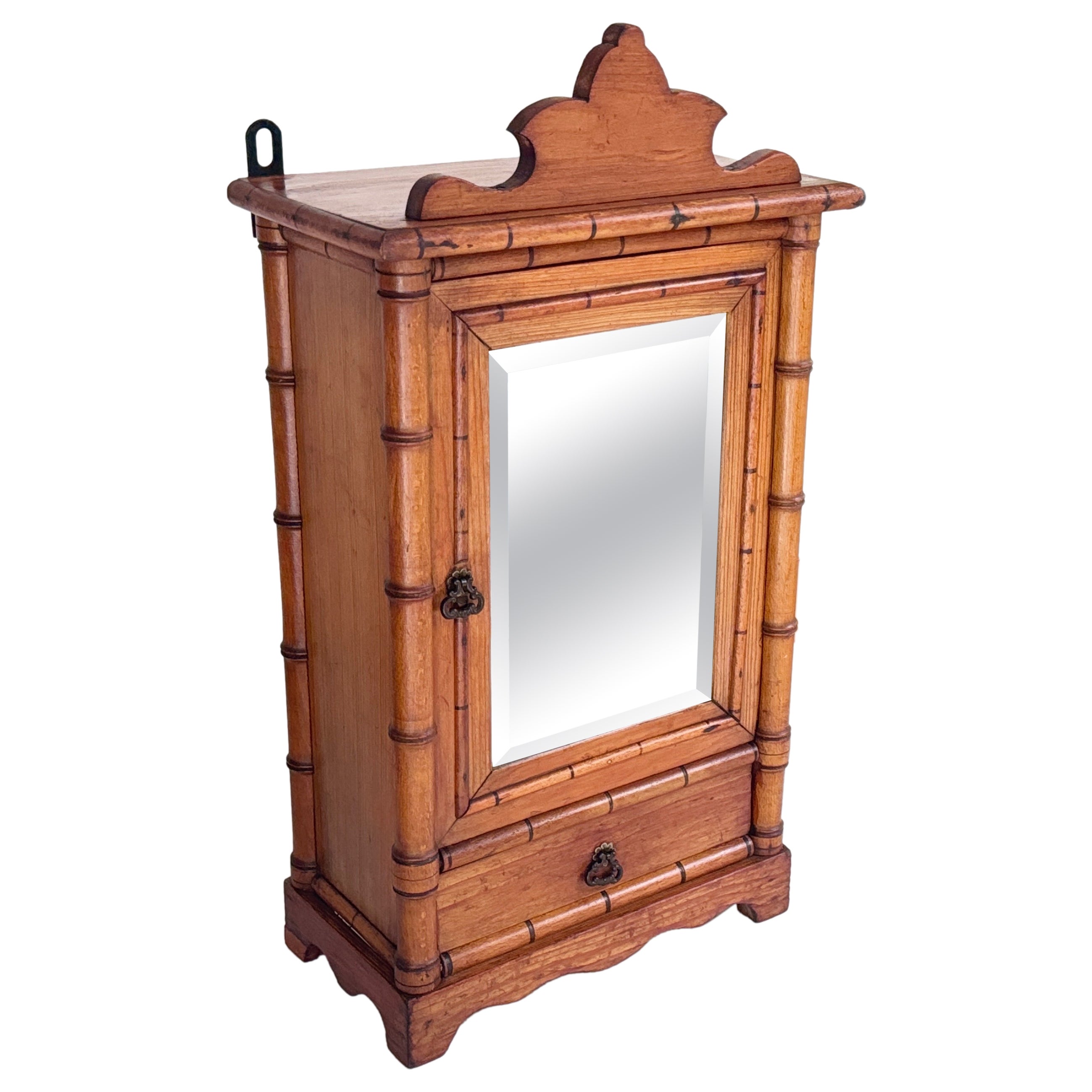 Antique Miniature Bamboo Pine Wardrobe Wall  Armoire Mirror Dollhouse Furniture  For Sale