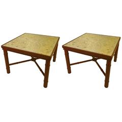 1970s Pair of Faux Bamboo Small End Tables with Gold Mirror Tops