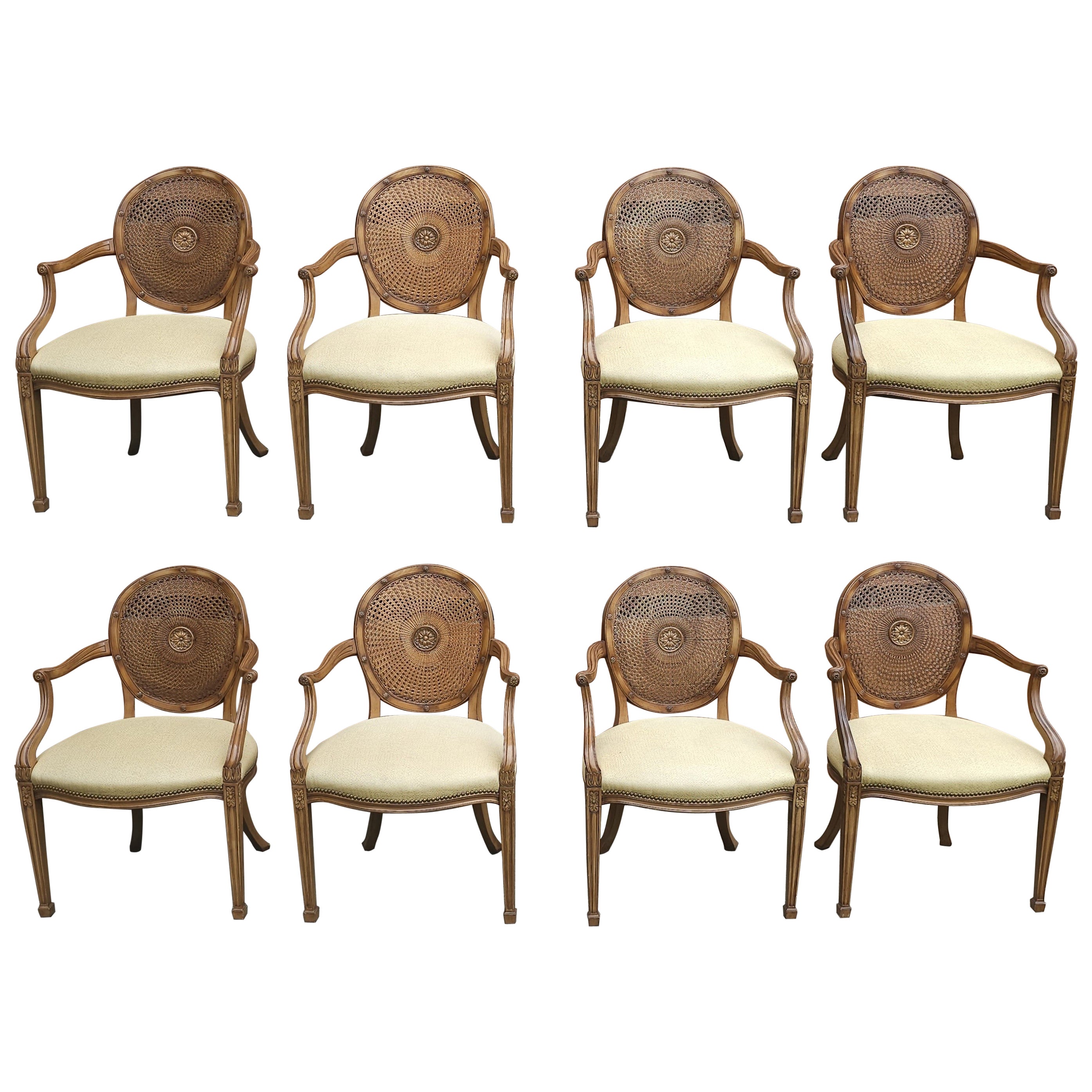 Set of 8 Smith & Watson N Y Louis XVI Caned Back And Upholstered Dining Chairs  For Sale