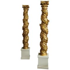 Large Pair of Late 18th Century Baroque Style Solomonic Carved Giltwood Columns