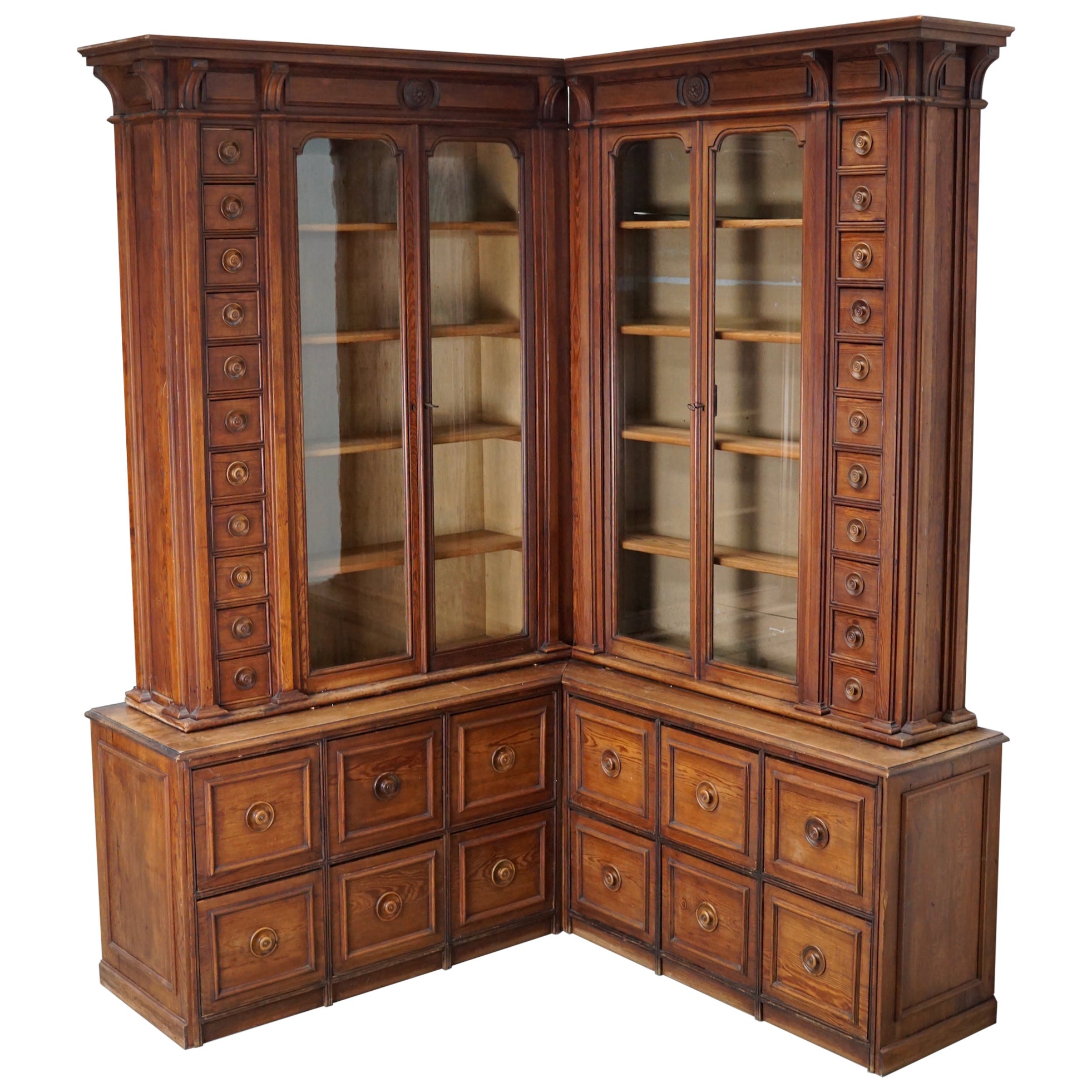 Large Antique German Pitch Pine Corner Apothecary Cabinet / Vitrine ca 1900s For Sale