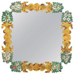 Antique Decorated Italian Mirror with 17th Century Paper and Gold Leaf Decor