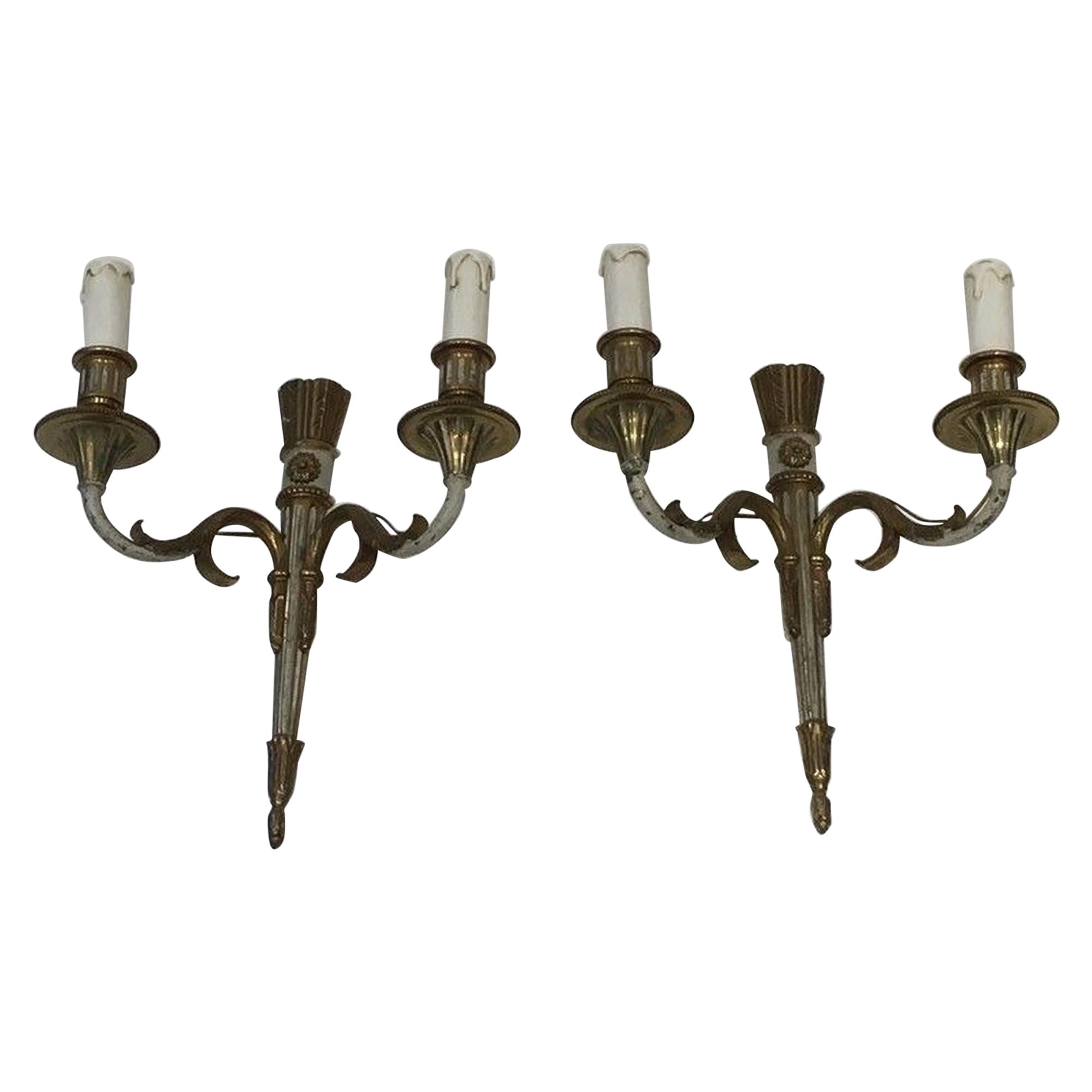 Pair of Louis the 16th Bronze and White Painted Wall Sconces For Sale