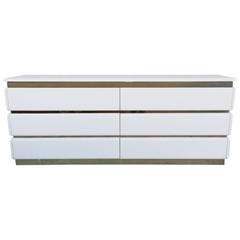 Glossy White Lacquer and Brass Six-Drawer Dresser by Rougier 6