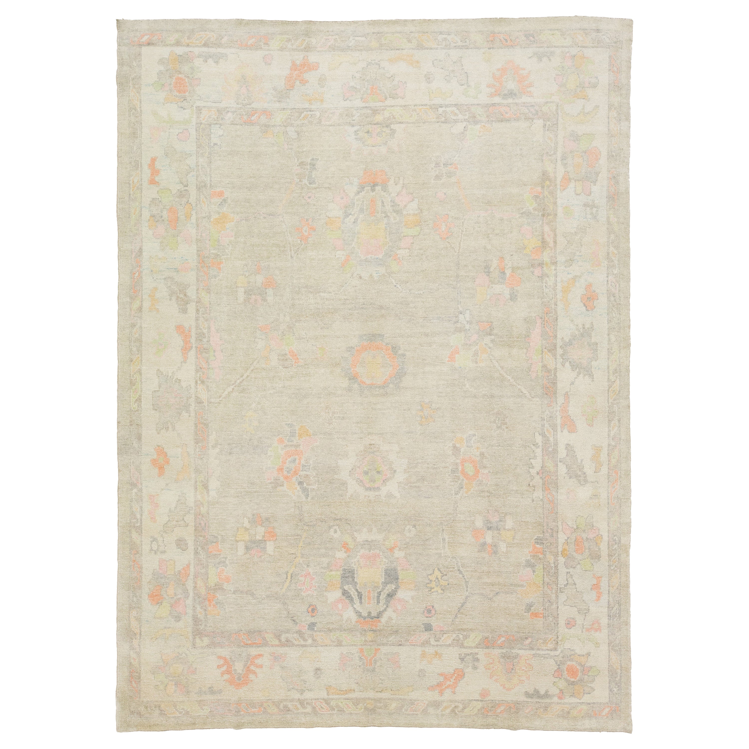 Contemporary Turkish Oushak Floral Wool Rug In Beige For Sale
