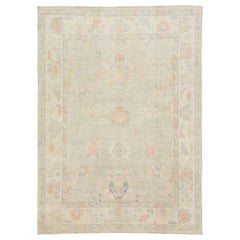 Contemporary Turkish Oushak Floral Wool Rug In Beige