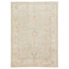 Tapis turc contemporain en laine Oushak à motifs floraux, beige