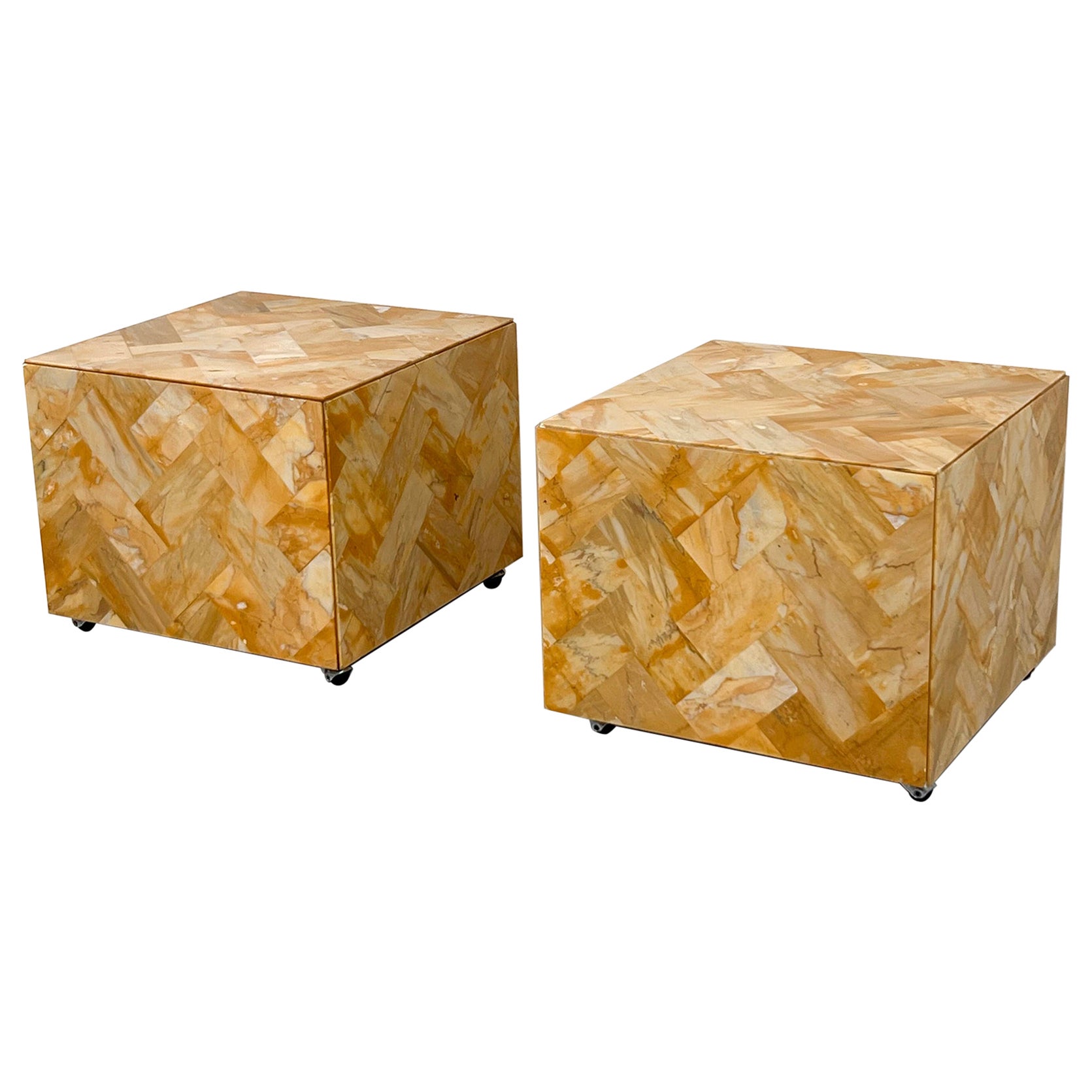 1970's Herringbone Onyx Pedestal Cocktail Tables, A Pair For Sale