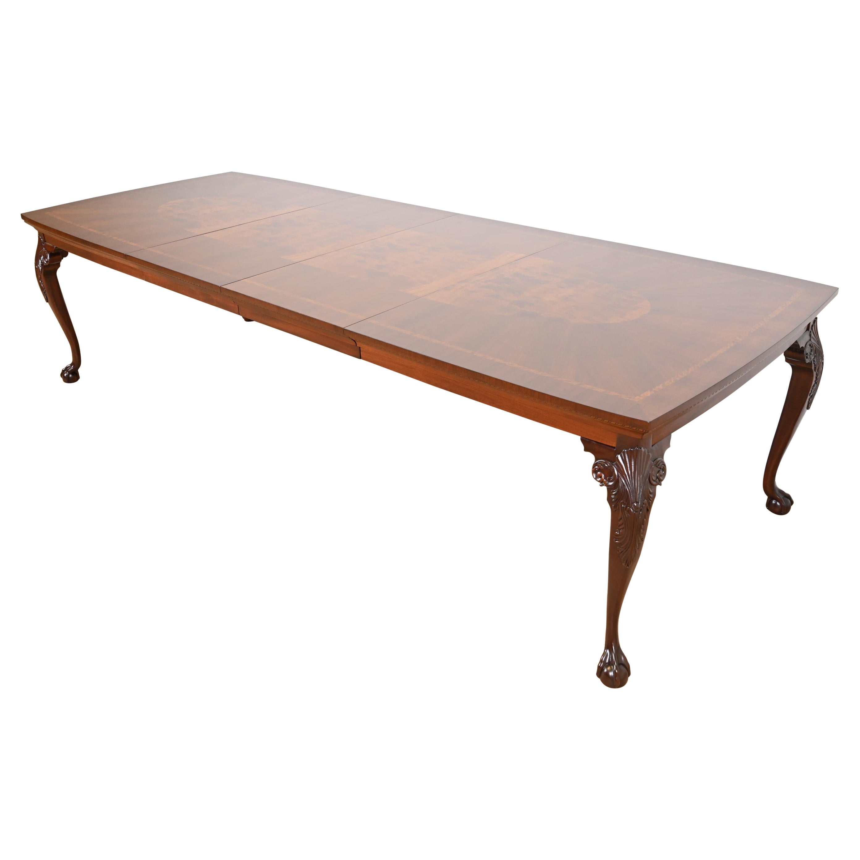 Henredon Chippendale Mahogany and Inlaid Burl Wood Extension Dining Table For Sale