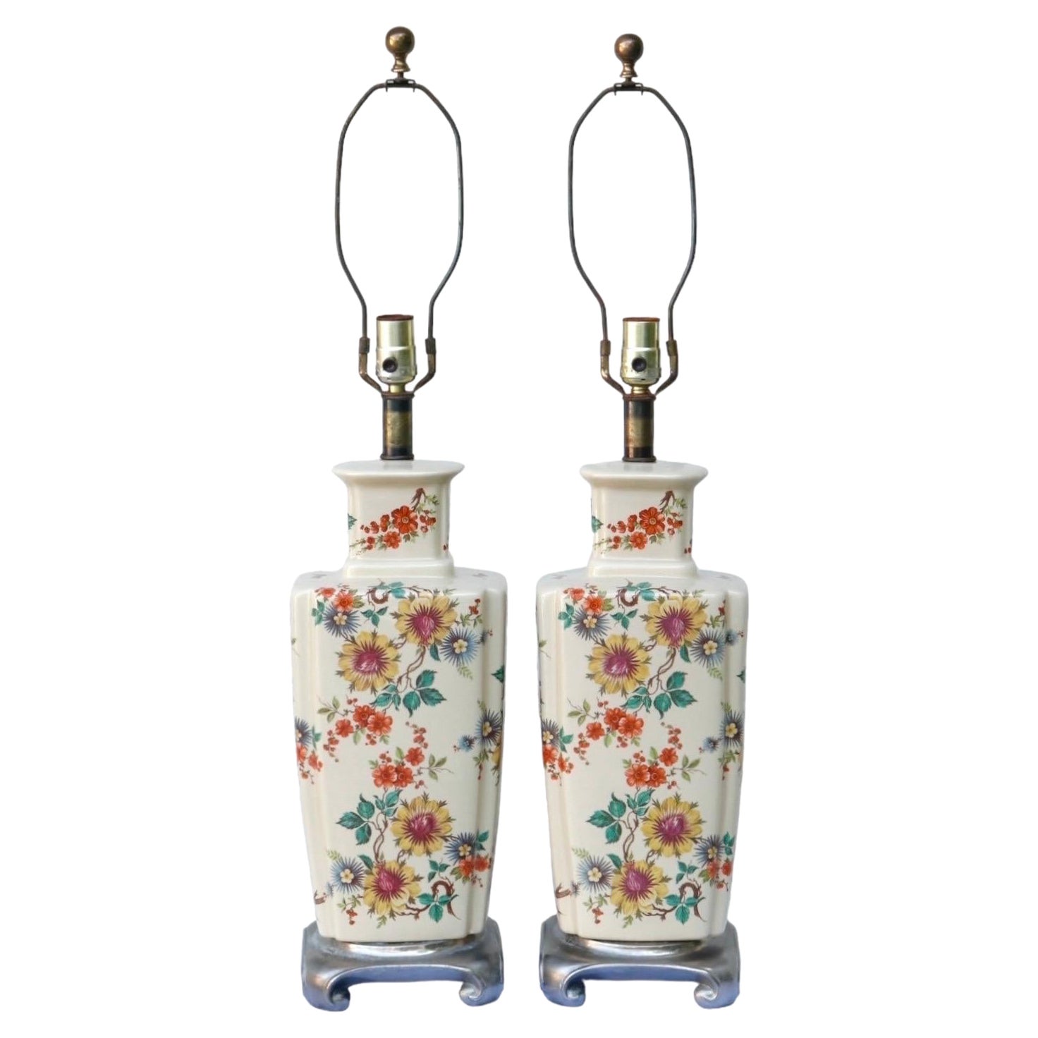 Ming Floral Ceramic Table Lamps - a Pair