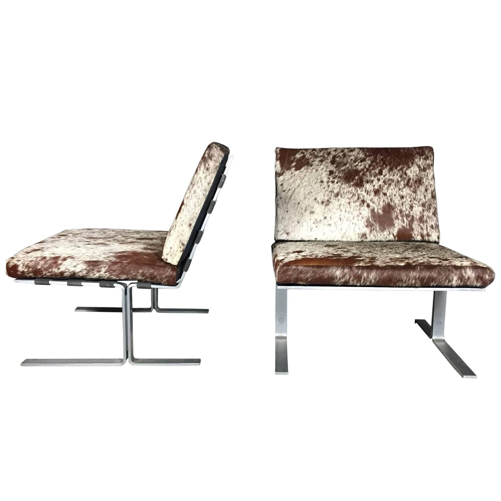 American Modern Flat-Bar Steel Lounge Chairs, Brazilian Hide, 1970