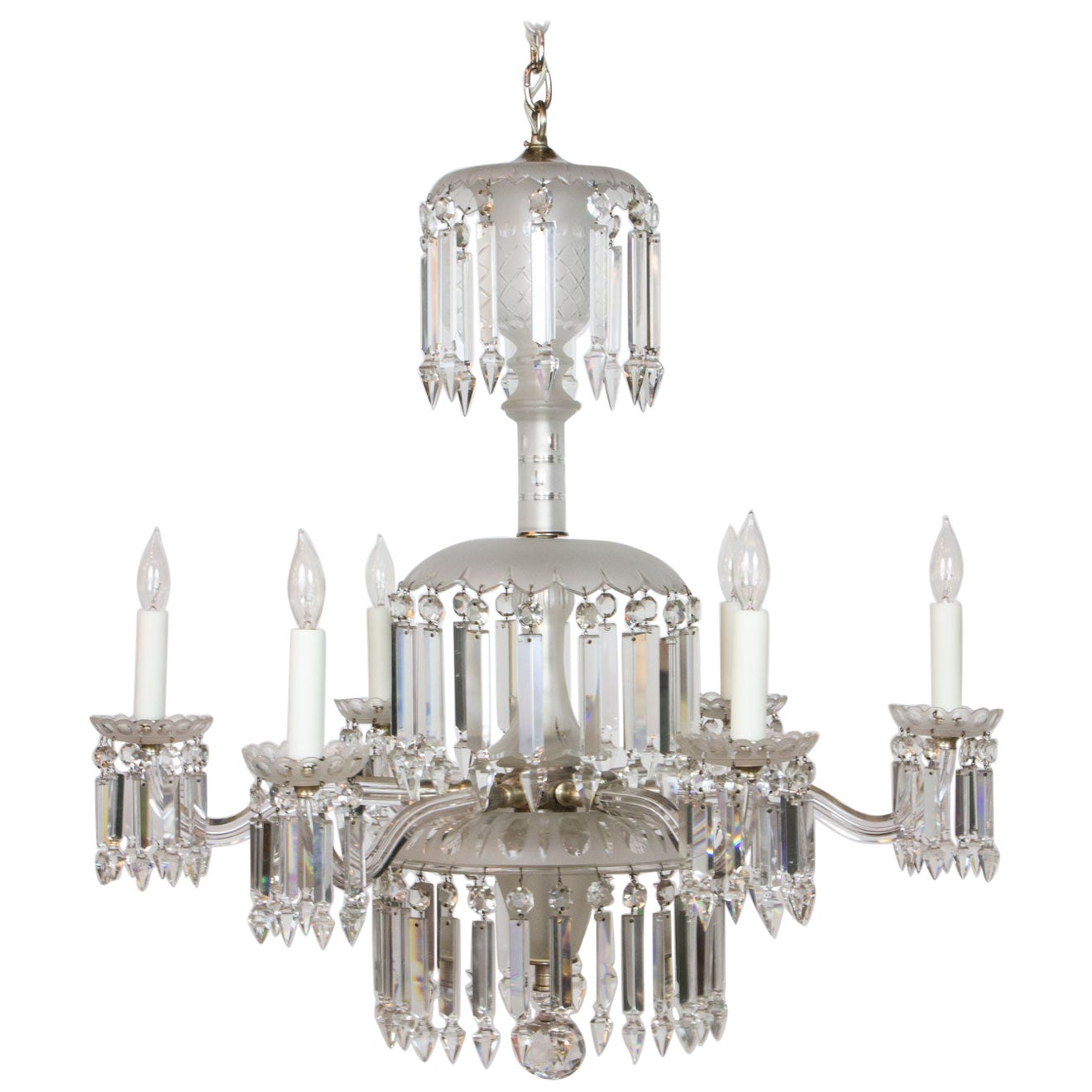 19th Century 6 Arm Frosted Crystal Gasolier For Sale