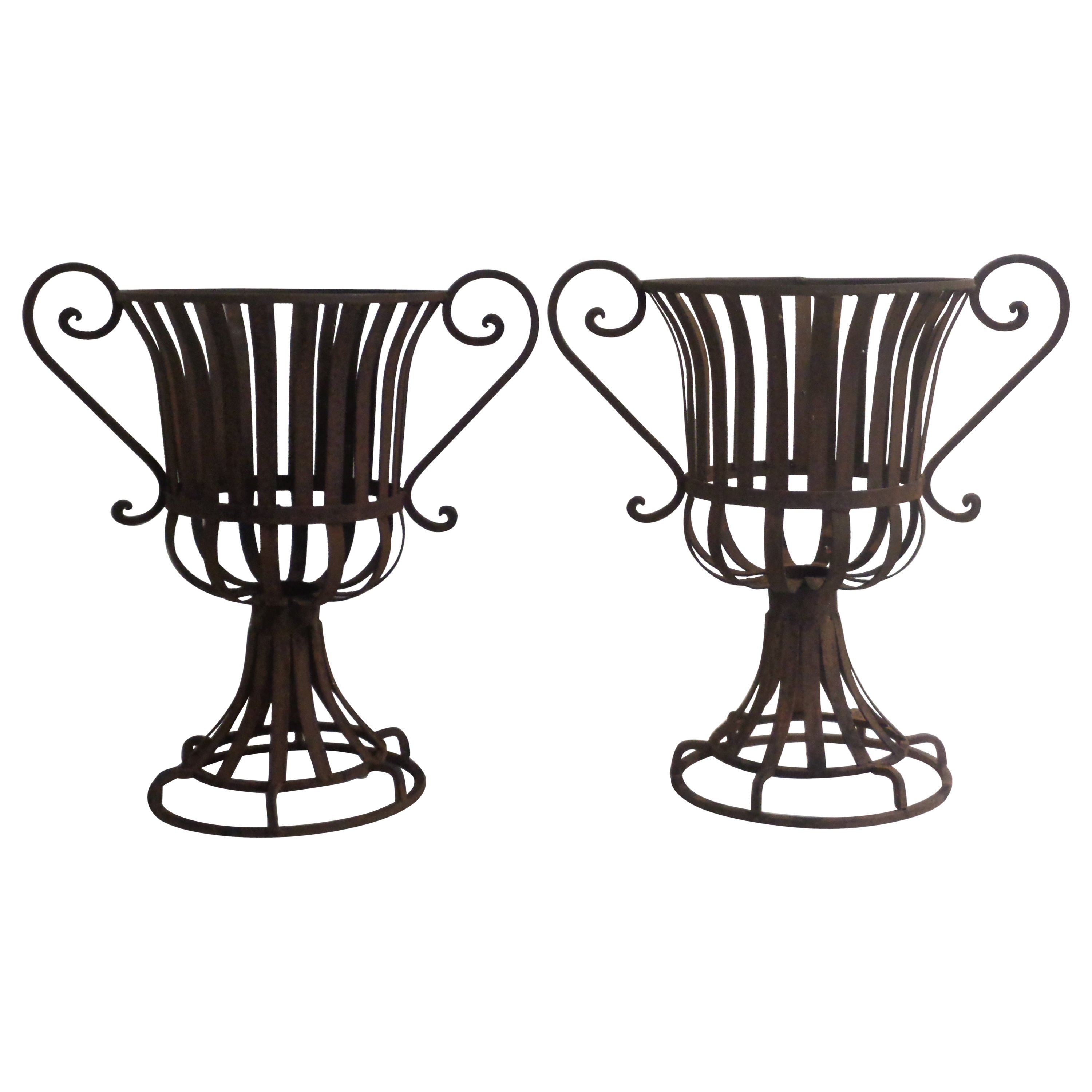 Pair Neoclassical Style Strap Iron Garden Urns, Circa 1970-1980 For Sale