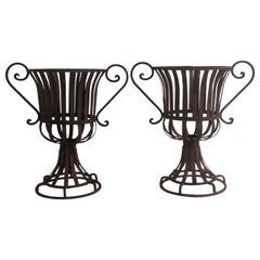 Vintage Pair Neoclassical Style Strap Iron Garden Urns, Circa 1970-1980