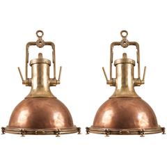 Vintage Pair of Large Copper and Brass Ship Deck Lights
